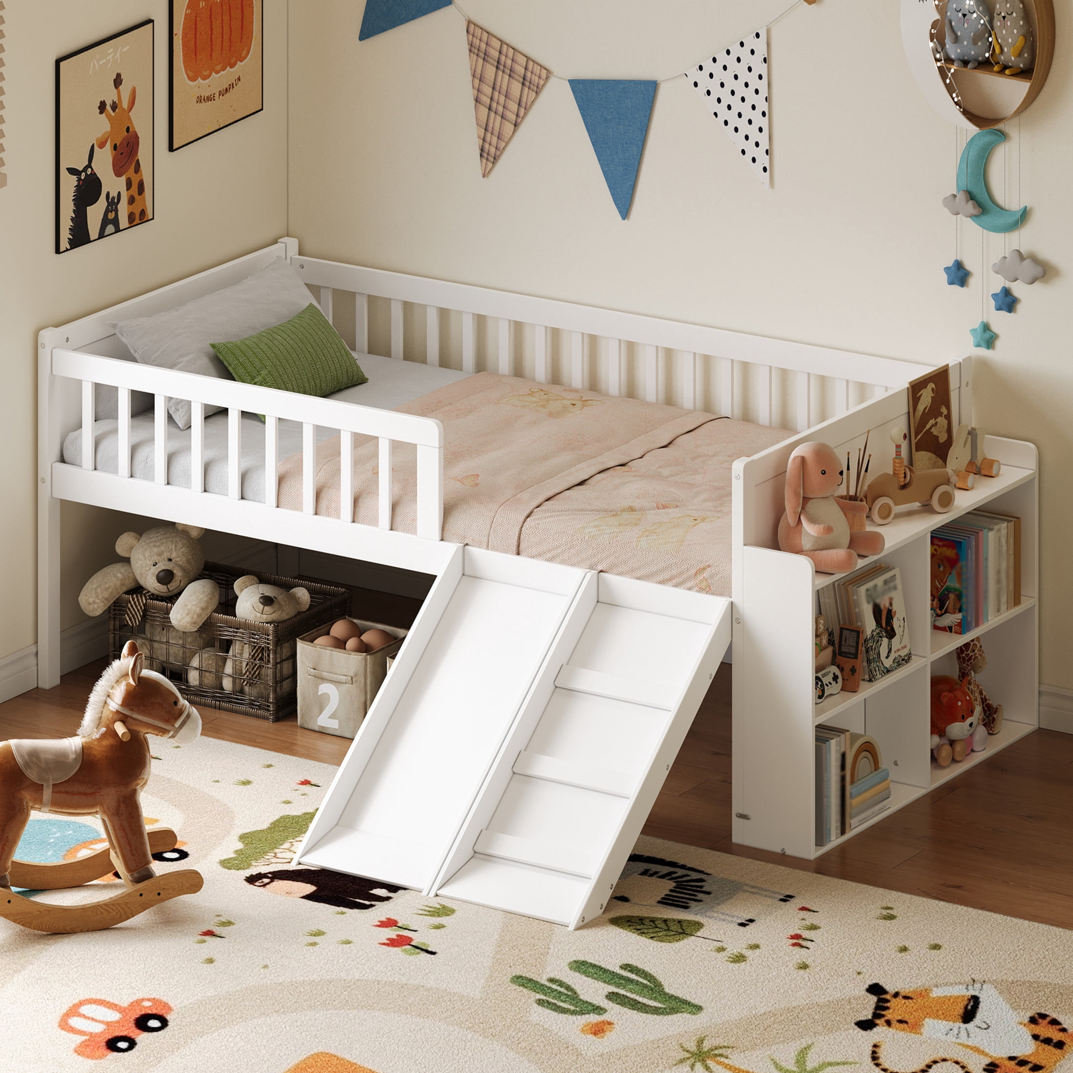 Noble House Twin Bed Frame with Storage Shelf, Platform Bed with Slide and Guardrail, White