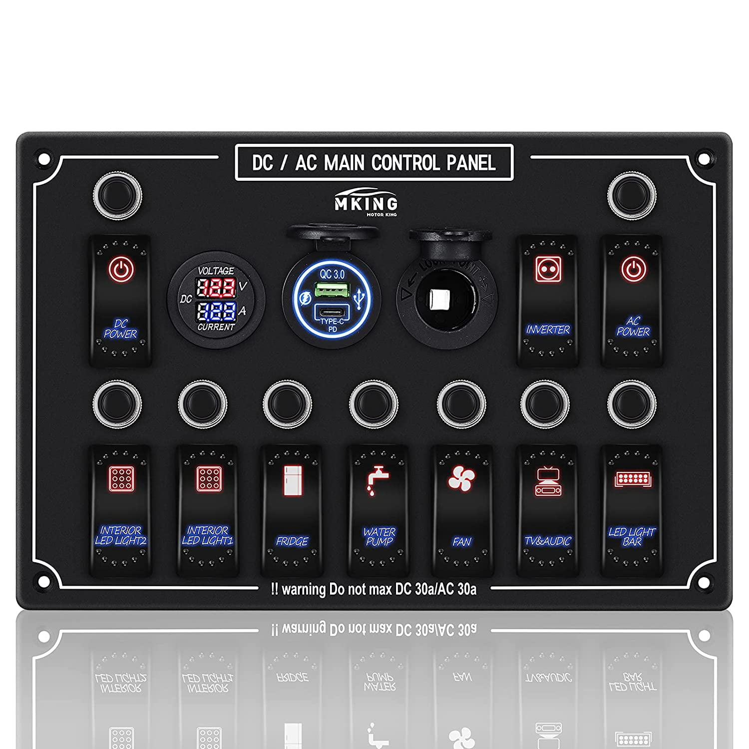 MKING Rocker Switch Panel Marine Boat Switch Panel with 10 Gangs and 3.1A  USB Type-C sockets Cigarette Lighter Digital Voltmeter Display,with  Over-Protection Function,Suitable for Cars and Trucks