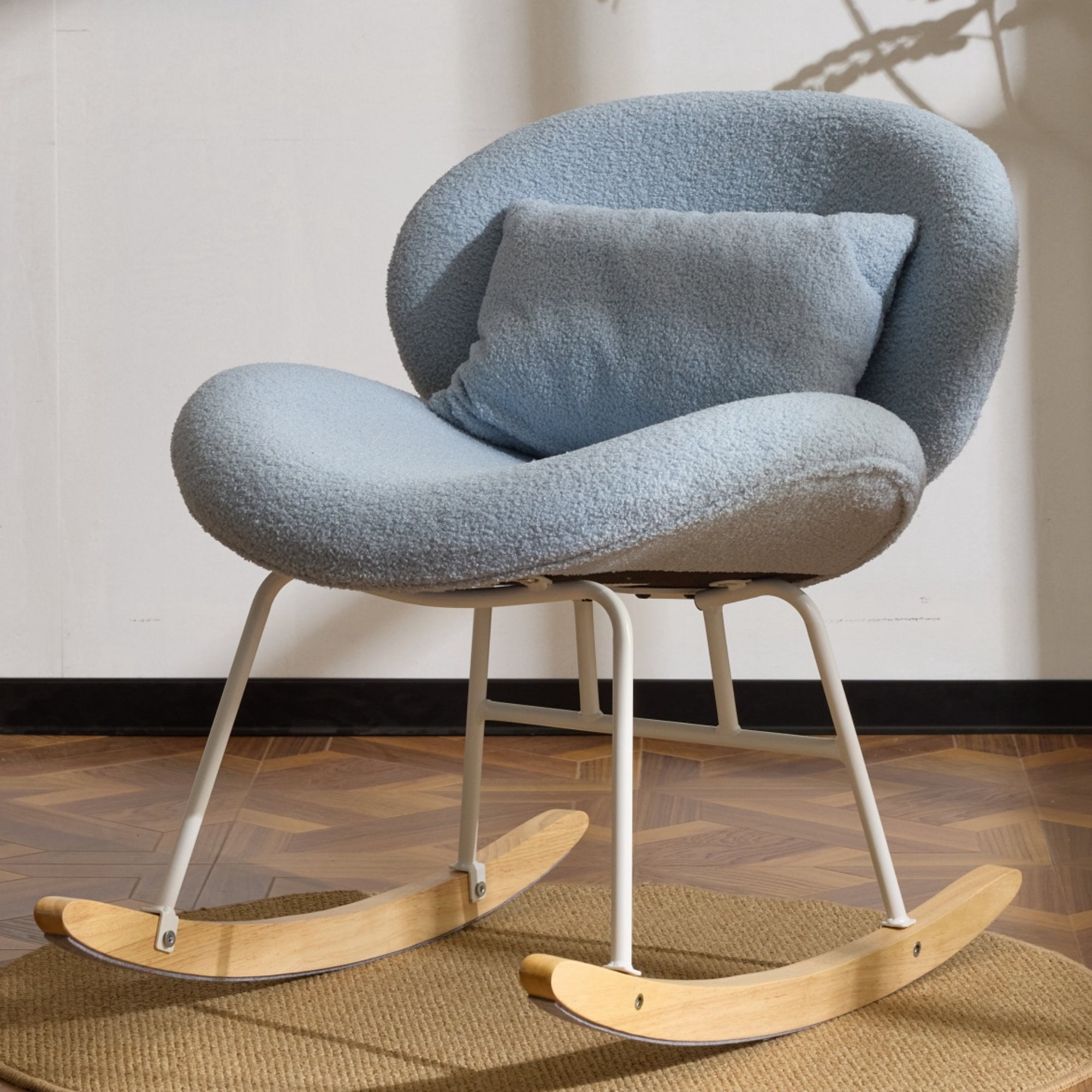 Zimtown Nursery Rocking Chair, Teddy Fleece Upholstered Rocker Glider, Rocking Accent Chair with Wooden Frame for Living Room Bedroom, Light Blue