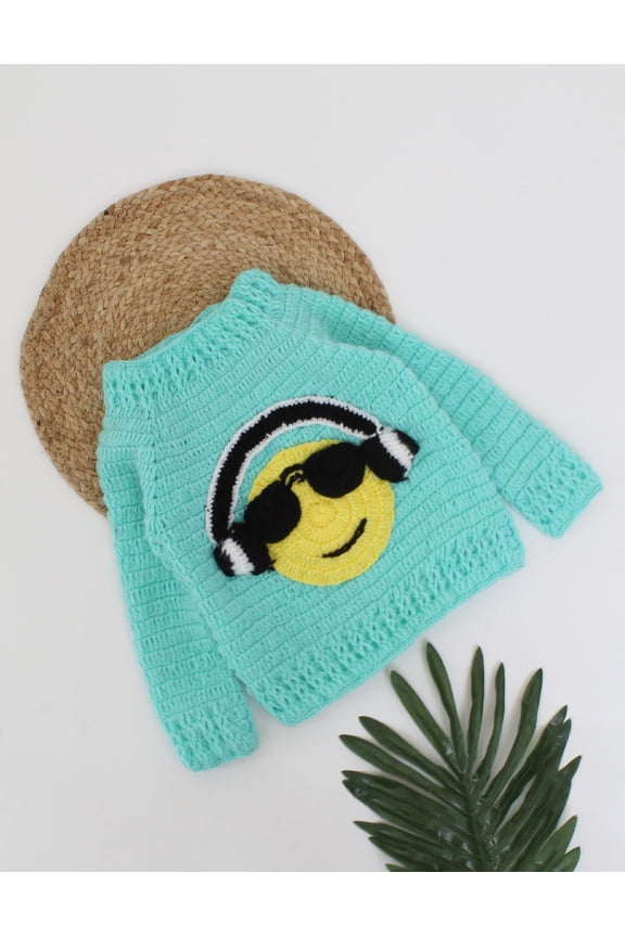 Handmade Full Sleeves Play Full Character Wearing Headphone Design Sweater-Green