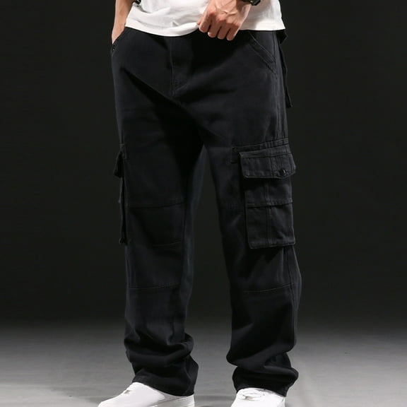 UVEASISHA Men's Baggy Cargo Pants Big and Tall Casual Cotton Work Pants for Men Loose Fit Drawstring Elastic Waist Pants Straight Wide Leg Pants with Pockets Black M