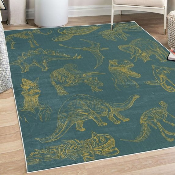 Jurassic Decorative Rug, Arrangement of Various Dinosaurs Illustrations Skeleton Biology Historic, Quality Carpet for Bedroom Dorm and Living Room, 6 Sizes, Petrol Blue, by Ambesonne