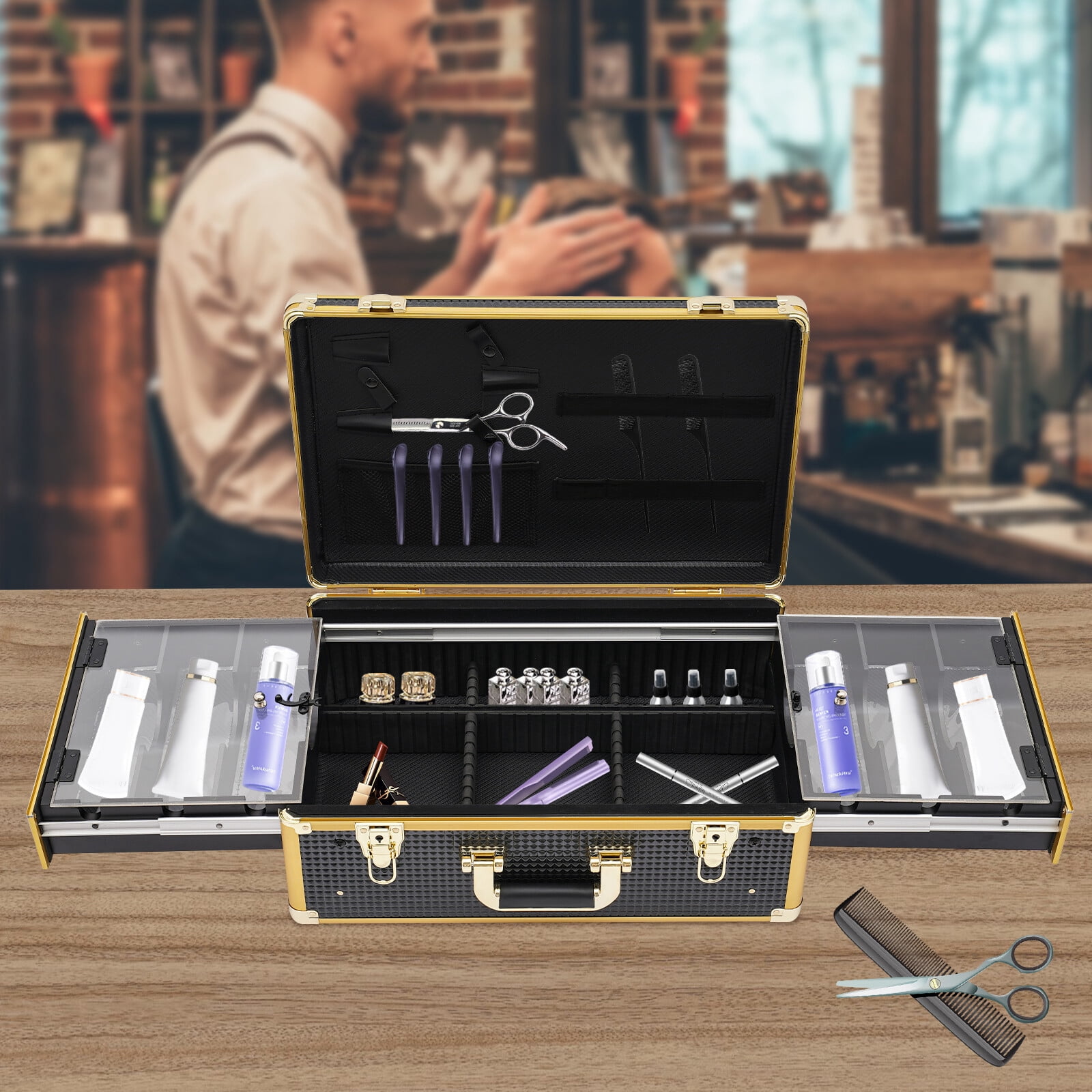 Miumaeov arber Carrying Case Organizer with Locks & Keys Barber Tool Box Barber Stylist Suitcase Gold