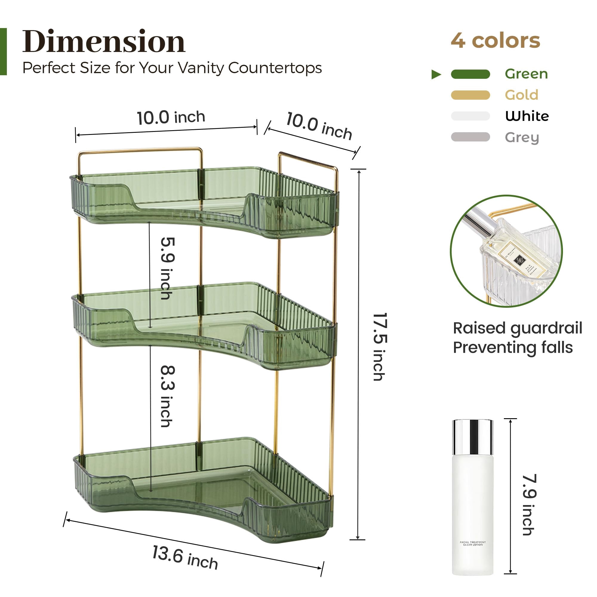 Soda Candy Corner Makeup Organizer for Vanity Countertop Space Saving Cosmetic Storage Organizer for Dresser Bathroom Kitchen, 3 Tier
