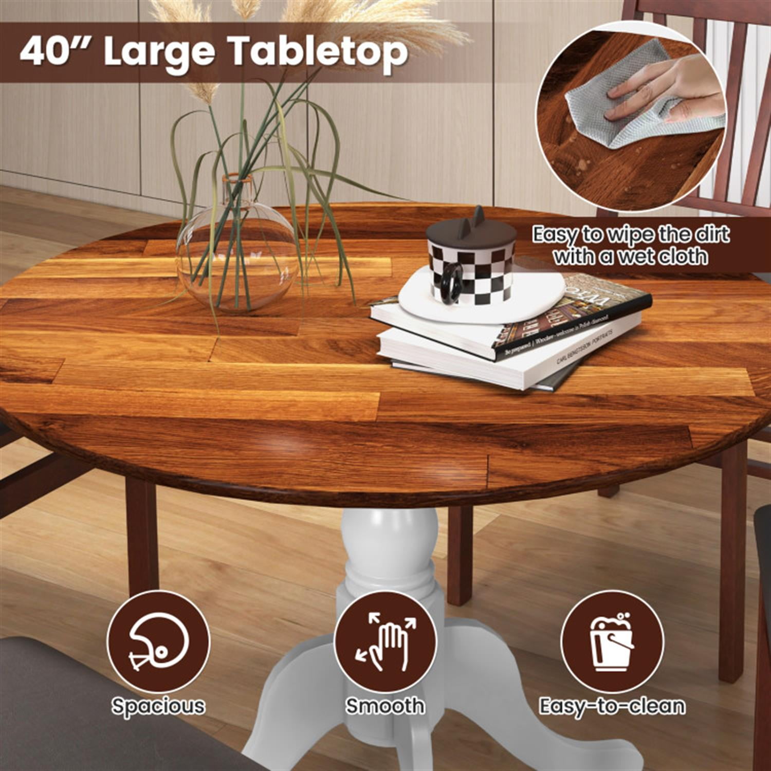 Demi Bonn Wooden Dining Table with Round Tabletop and Curved Trestle Legs, Modern Kitchen Table Furniture for Dining Room, Dinette, Brown+White