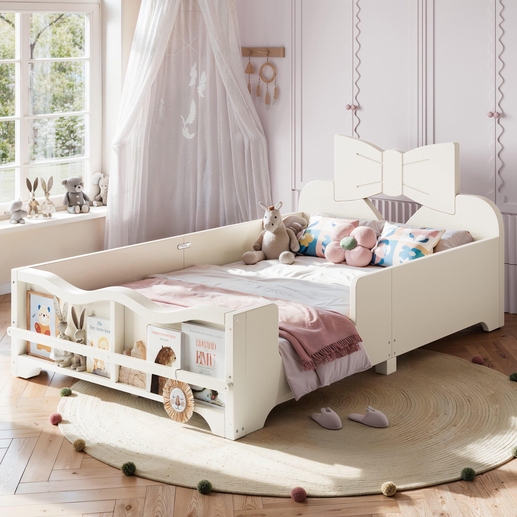GDF Studio Twin Size Kids Platform Bed with Bowknot Headboard, Guardrails & Bookshelf, Beige
