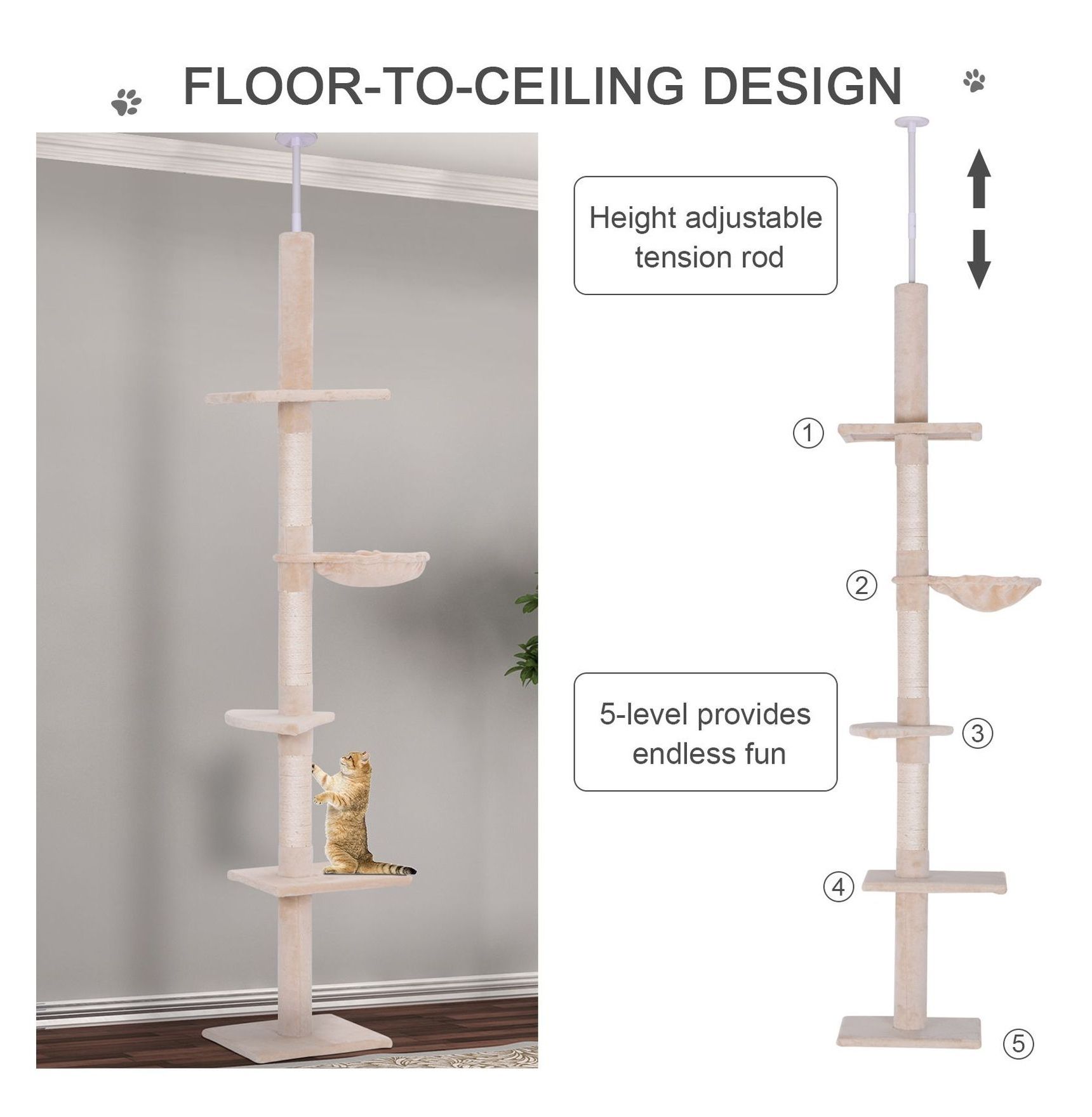 8.5' Cat Tree Floor to Ceiling Adjustable Height, 5 Platform Cat Tower with Sisal Scratching Posts, Beige