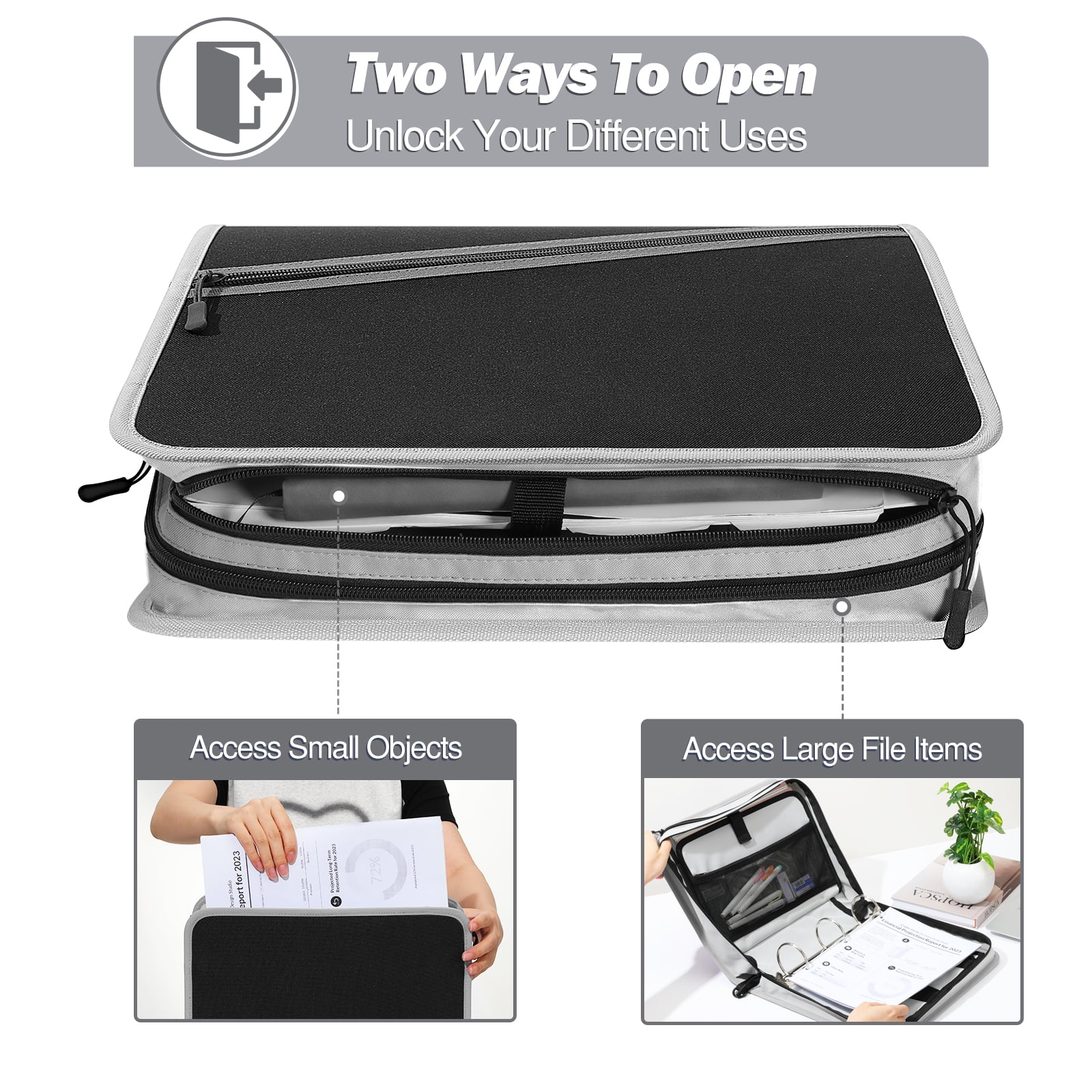 MoKo Zipper Binder, 3 inch 3 Ring 600 Sheet Capacity Multi-Pocket School Binder with Handle and Shoulder Strap, School Supplies, Black