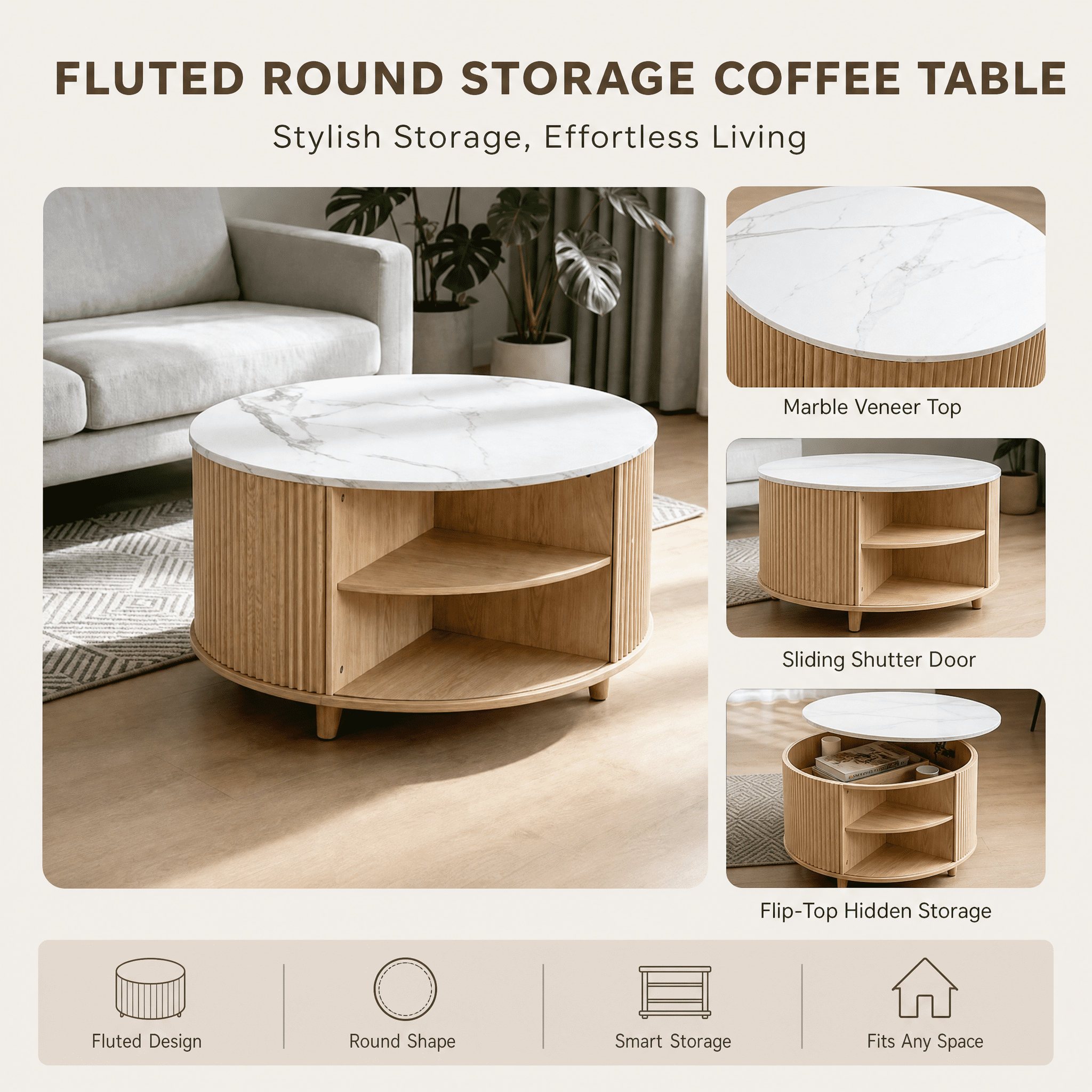 Fluted Round Storage Coffee Table, Mid-Century Modern Center Table with Marble Veneer Top, Sliding Shutter Door & Flip-Top Hidden Storage for Living Room Japandi Farmhouse Home