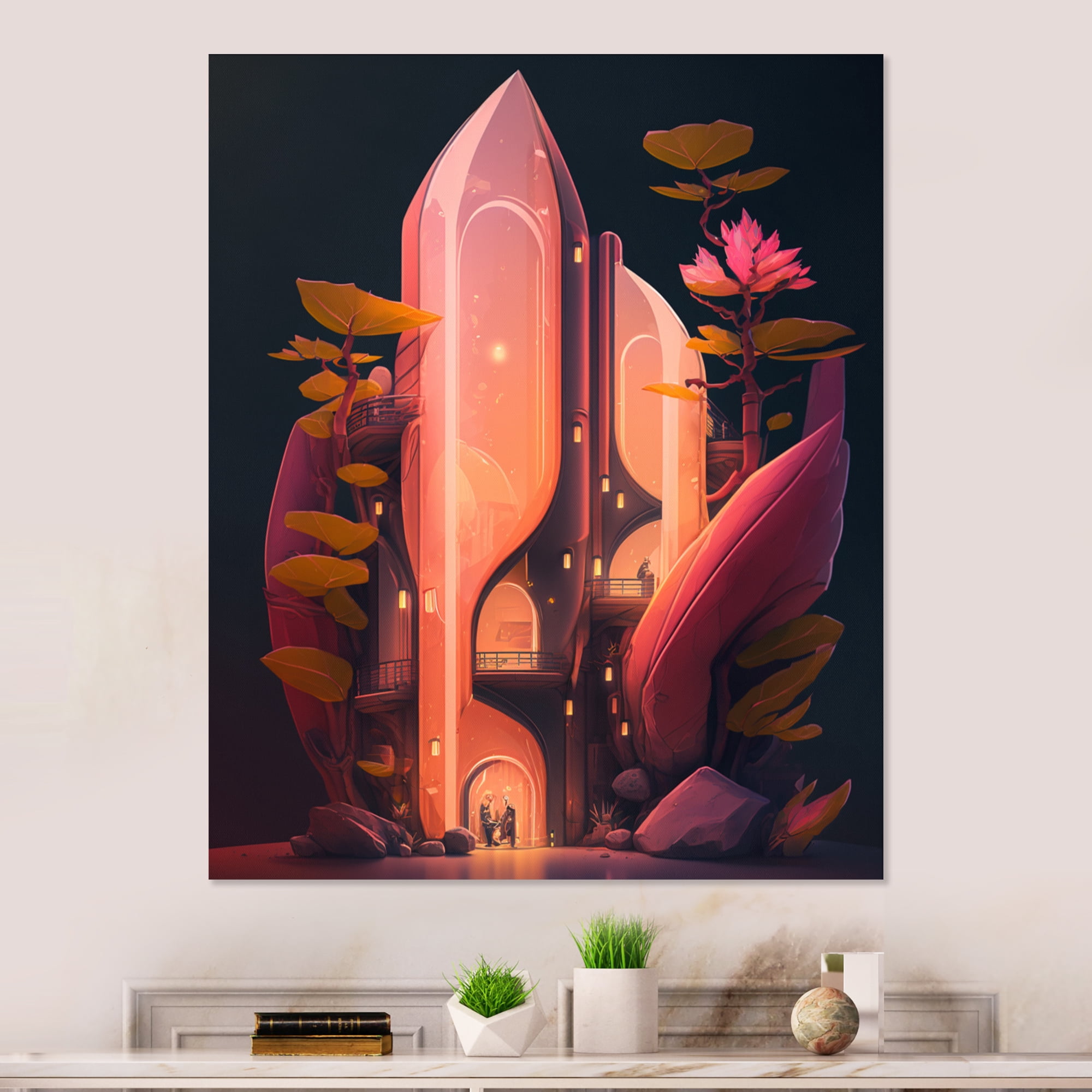 Designart Futristic Architecture With Flowers IV Canvas Wall Art