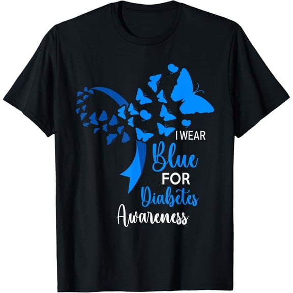 In November We Wear Blue Ribbon Diabetes Awareness Month T-ShirtMen's and women's gift, black and white T-shirt, size: Extra large S-4XL