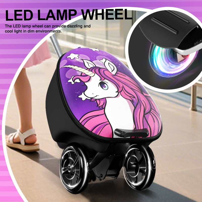 EAYSG 2-in-1 Kids Scooter Luggage with LED Lights,Ride-On Carry-On Suitcase for Children Ages 5-12, Foldable, Lightweight Travel Suitcase,Purple