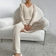 thumbnail image 5 of FYMNSI Womens Pajama Sets Long Sleeve Pjs Lounge 2 Piece Outfit Ribbed Knit V Neck Sleepwear with Pockets M Beige, 5 of 6