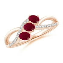 ANGARA Natural Oval Ruby Three Stone Bypass Ring with Diamonds in 14K Rose Gold for Women (Size-4x3mm) | July Birthstone, Birthday, Anniversary, Jewelry Gift for Women | Natural Ruby Ring
