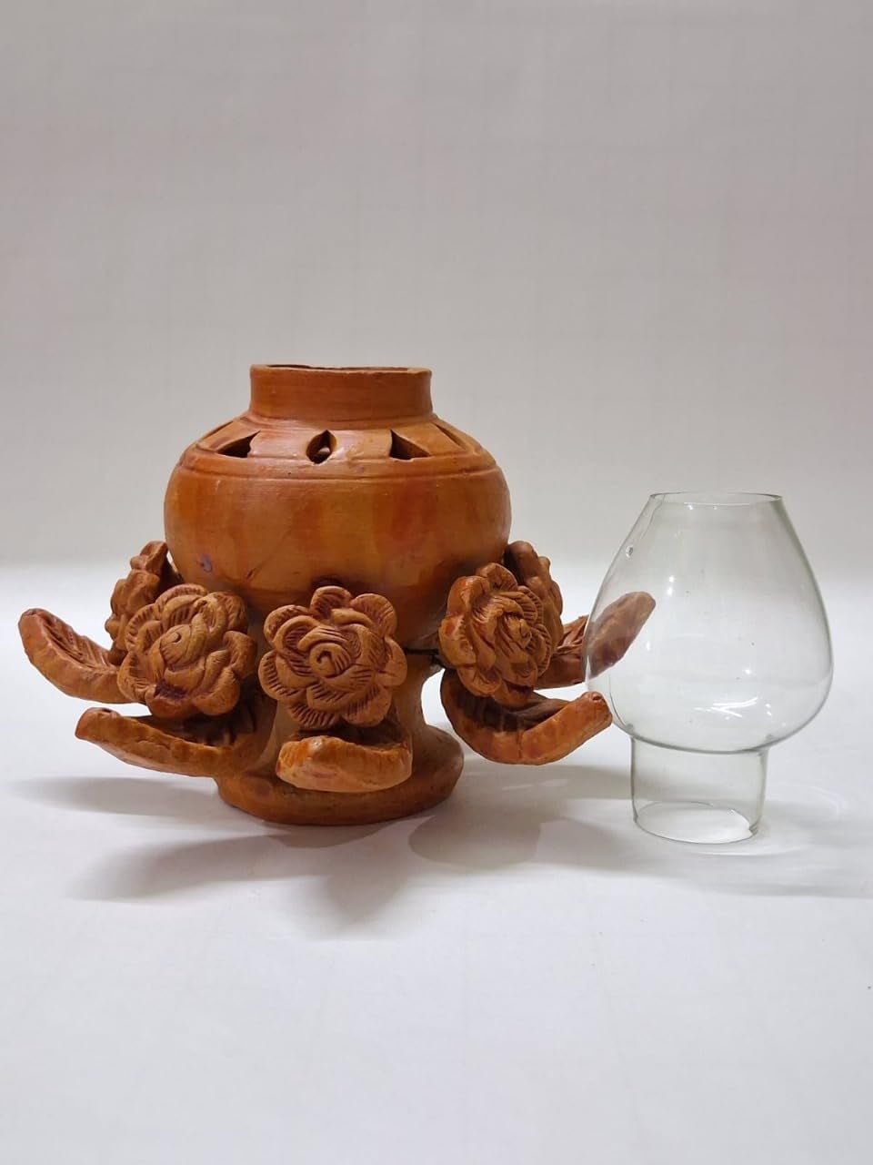 PrakRtyA: Handcrafted Clay Oil Lamp with Glass Chimney | Decorative Carved Floral Design Diya for Home Décor, Pooja & Gifting
