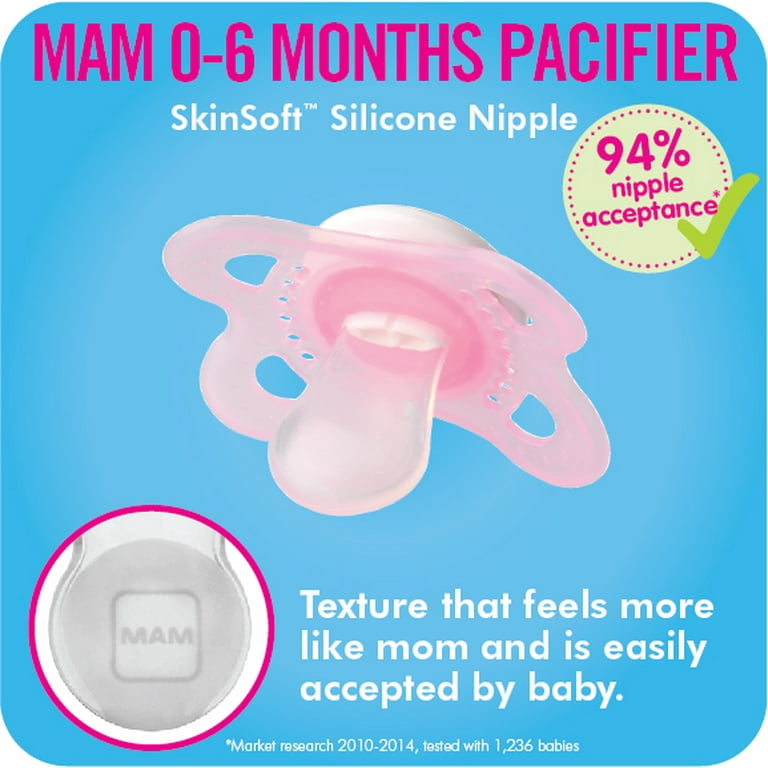 MAM Skin Soft Silicone Sucette 0-6 Mo. Girl, lot de 2, incl. travel box &  Nip Pacifier : : Bébé et Puériculture