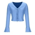 thumbnail image 4 of Womens Long Flared Sleeves Shirts Lace-up Spring Tops Solid Casual V Neck Knit Crop T-Shirts Blouse, 4 of 6