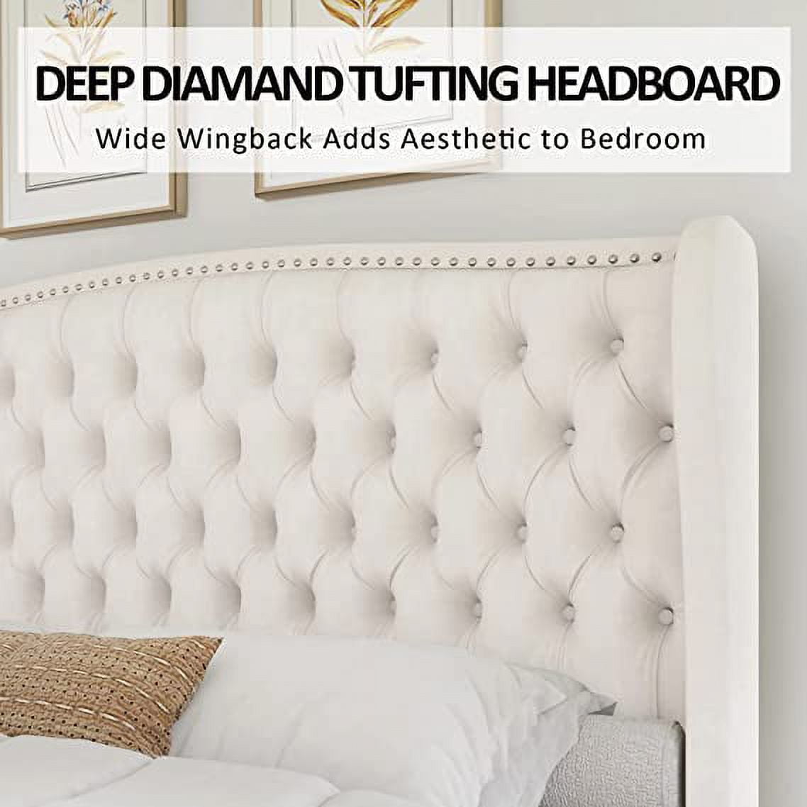 Amerlife King Bed Frame with Velvet Upholstery, Tufted Wingback Headboard and Nailhead Trim, Cream