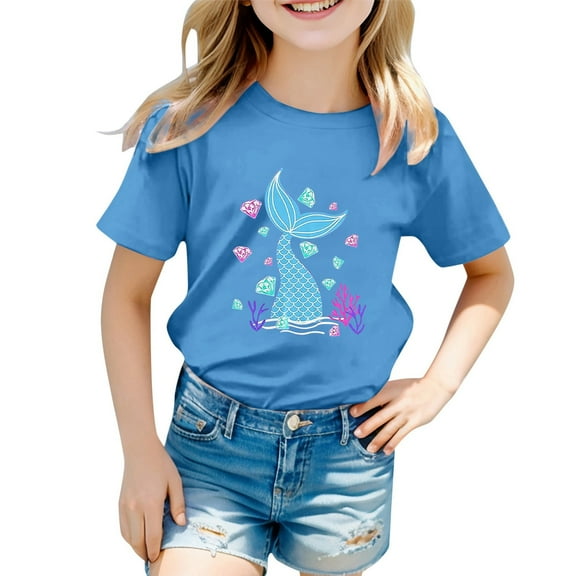 MEZZALL Girls Cute Graphic Kids T-Shirt Short Sleeve Tshirts Cartoon Ocean Tee Tops, Blue, 3-4 Years