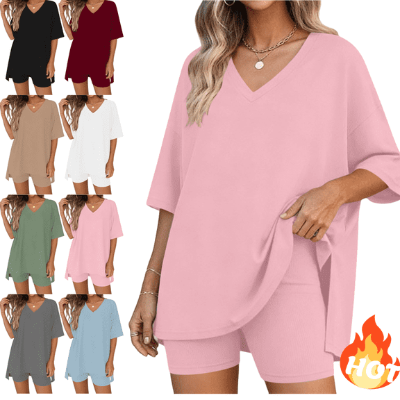 Mifsaly 2 Piece Short Sets for Women Oversized V Neck T Shirt and High Waisted Shorts Soft Breathable Athletic Workout Outfits 2026 Pink,XL