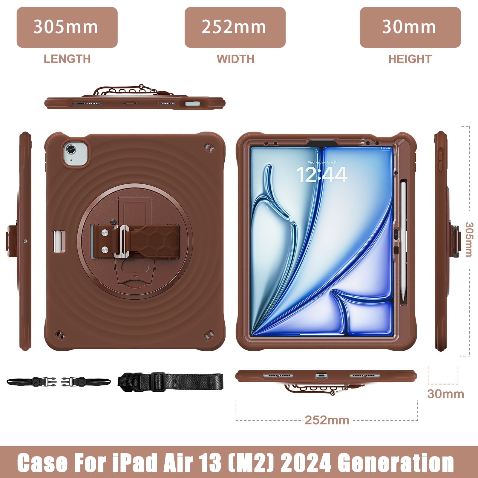 for iPad Air 13" 2025/2024 Case, Durable Sturdy Protection Case with Rotation Stand, Portable Hand Strap and Shoulder Strap Pencil Holder, Heavy Duty Shockproof Anti-Drop Cover, Chocolate