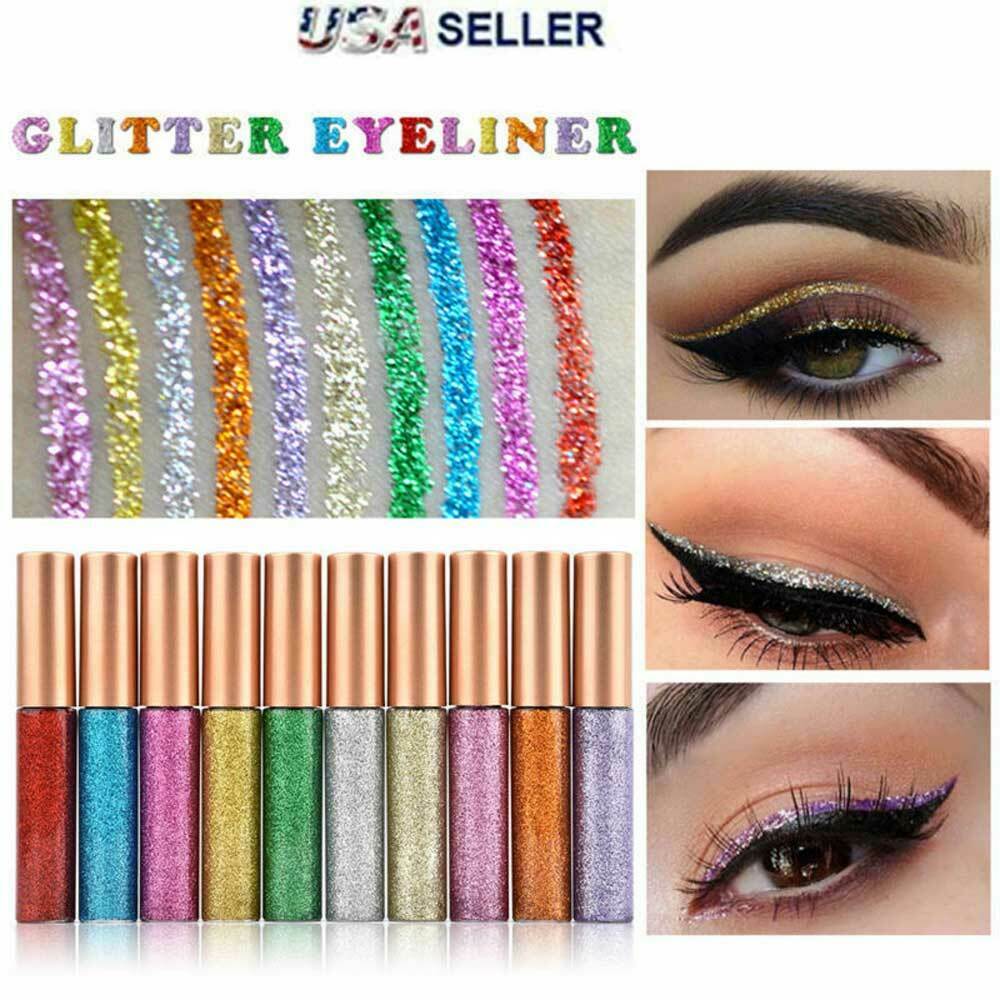 10 Colors GLITTER Waterproof Eyeshadow Liquid Eyeliner Makeup Shimmer