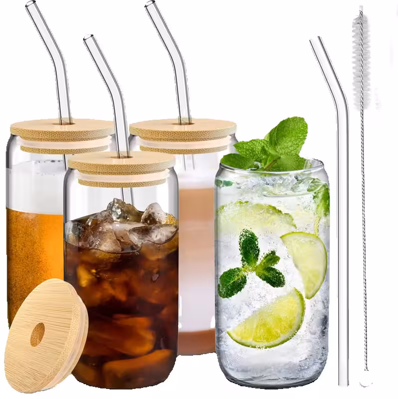 thumbnail image 1 of Vaso de Bebida de 500ml con Tapas y Cucharas Juego de 4 Vidrio con Tapas de Bambú para Café Helado No Contamina el Microondas Seguro para el Hogar, 1 of 6