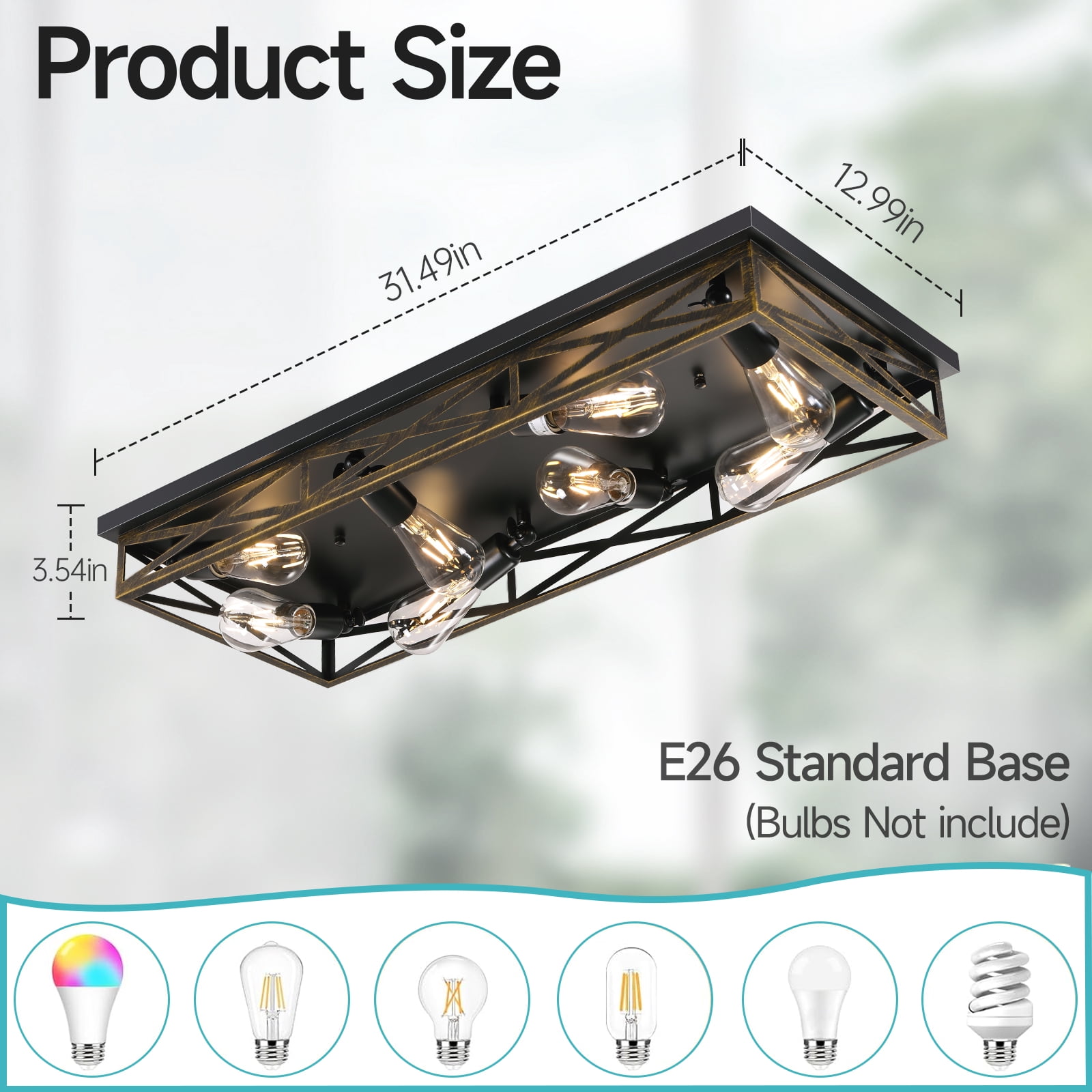 Farmhouse Rustic Ceiling Light for Kitchen, 8-Light Hallway Flush Mount Light Fixtures Ceiling Mount,31.49" Industrial Metal Cage Ceiling Light for Farmhouse,Kitchen,Hallway E26 Base(1 Pack)