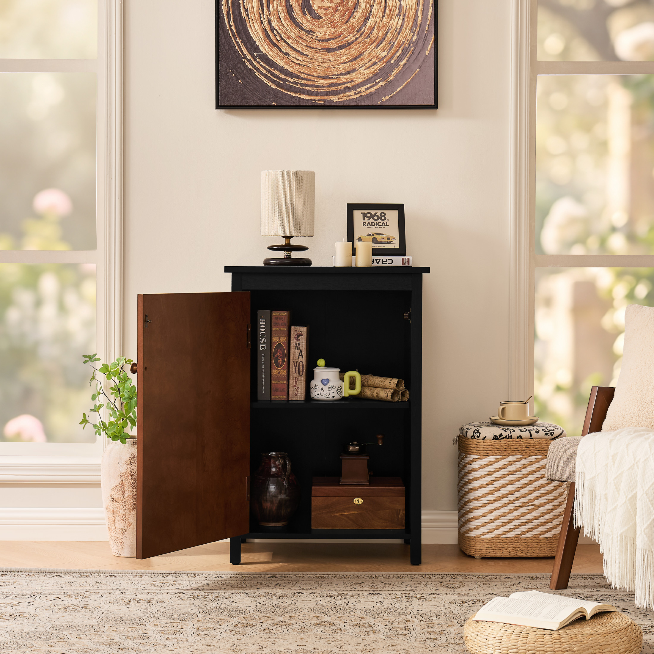 GDF Studio 34.2" Tall Mid-Century Modern Floor Cabinet with Door & Adjustable Shelf, Black+Walnut