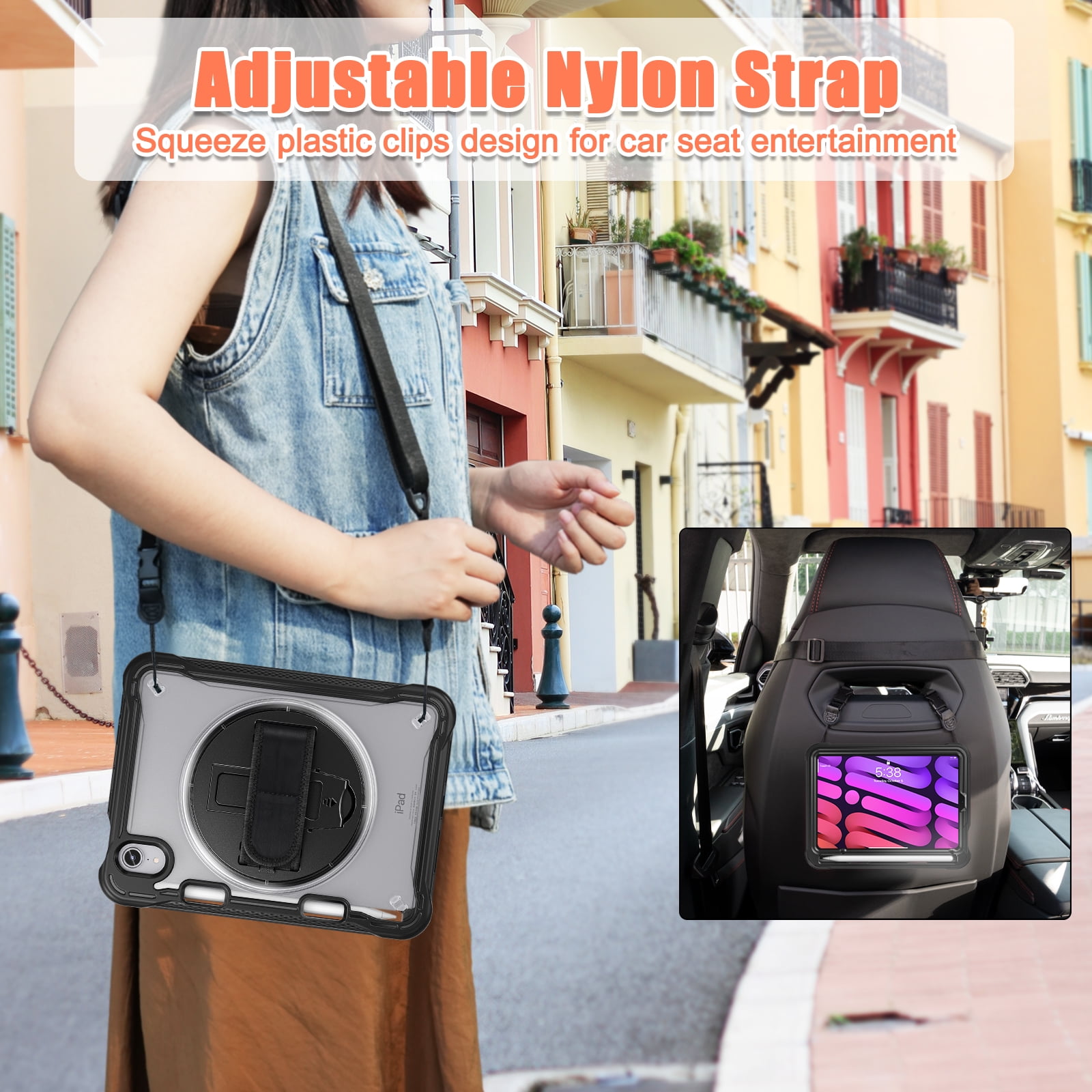Shockproof Case for Apple iPad mini 6/7, iPad mini 6th 7th Gen Cover, 360 Rotating Stand Translucent Back Cover Shockproof Adjustable Shoulder Strap Kids Friendly with Pencil Holder, Black