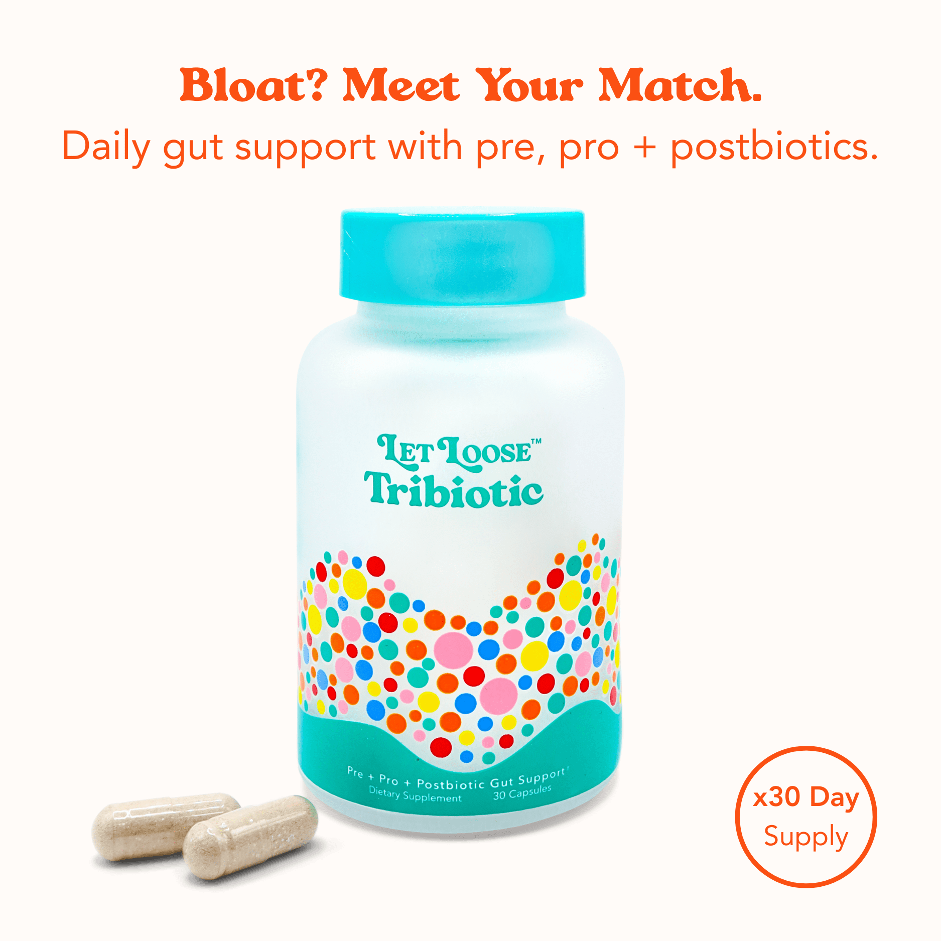 Let Loose Daily Tribiotic Gut Health Supplement for Adults – Prebiotic, Probiotic & Postbiotic Capsules, 30 Count