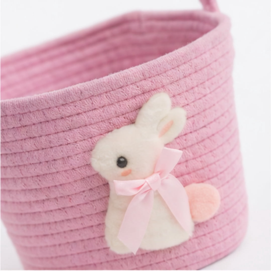 Easter Bunny Basket for Kids, Pink Easter Egg Hunt Basket with Handle, Cute Easter Candy Basket for Easter Gifts and Holiday Decorations