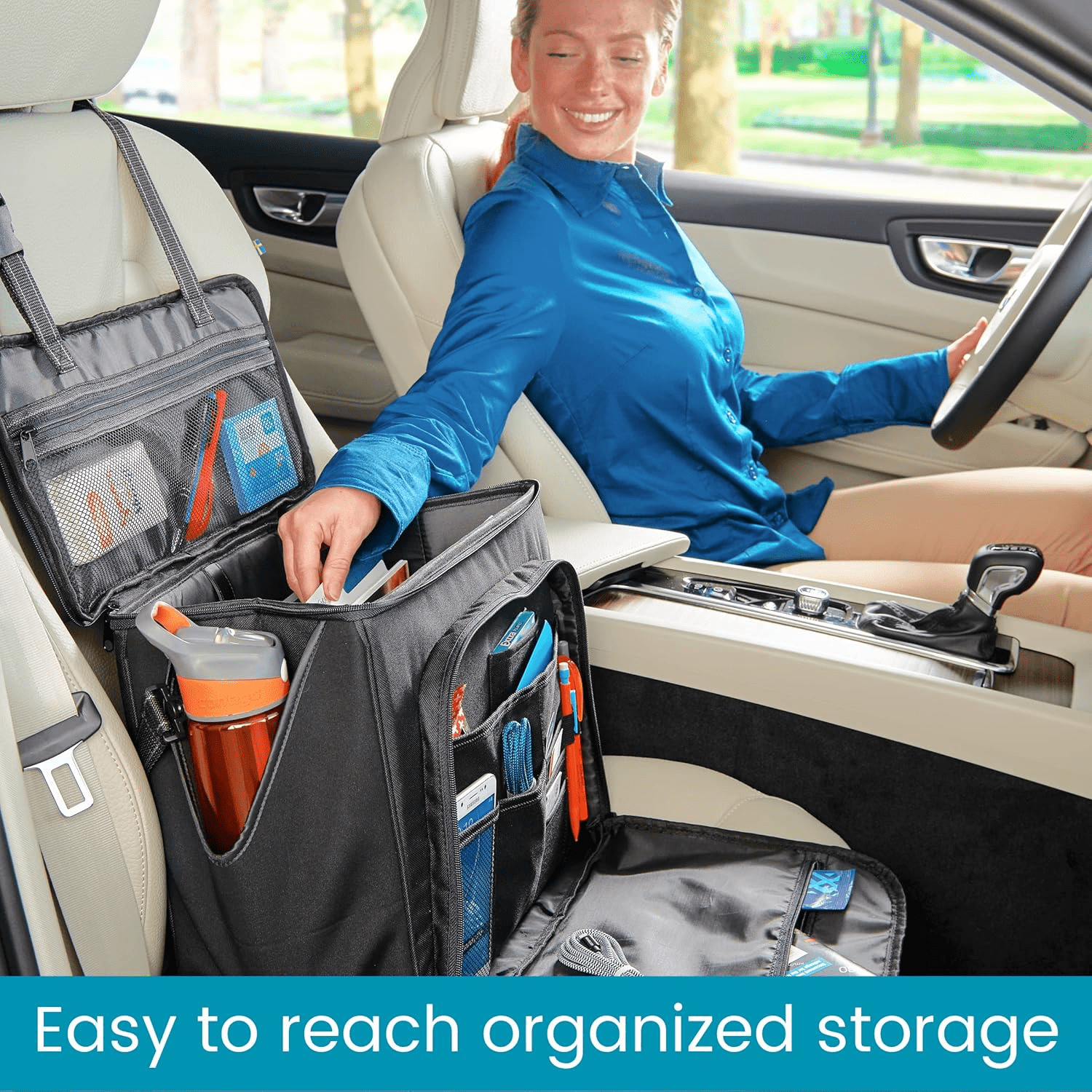 Car Office Organizer - Front Seat Organizer with Desk Supplies Compartment, Laptop Sleeve, 2 Bottle Holders, Storage Cover and Padded Shoulder Strap for Cars, Trucks and Patrol Vehicles