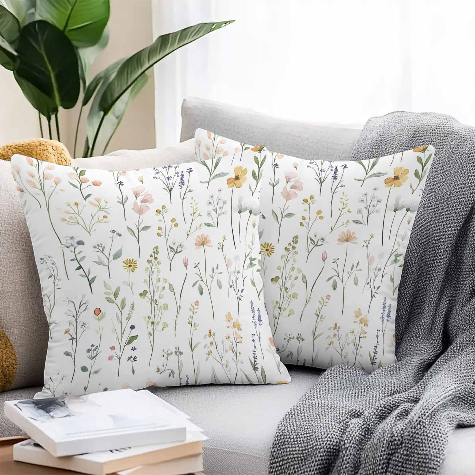 Waterproof Throw Pillow Covers Set of 2, 16x16 Inch Spring Wildflowers Decorative Pillowcases Outdoor Pillow Slip Cushion Covers Set for Couch Tent Rustic Botanical Floral
