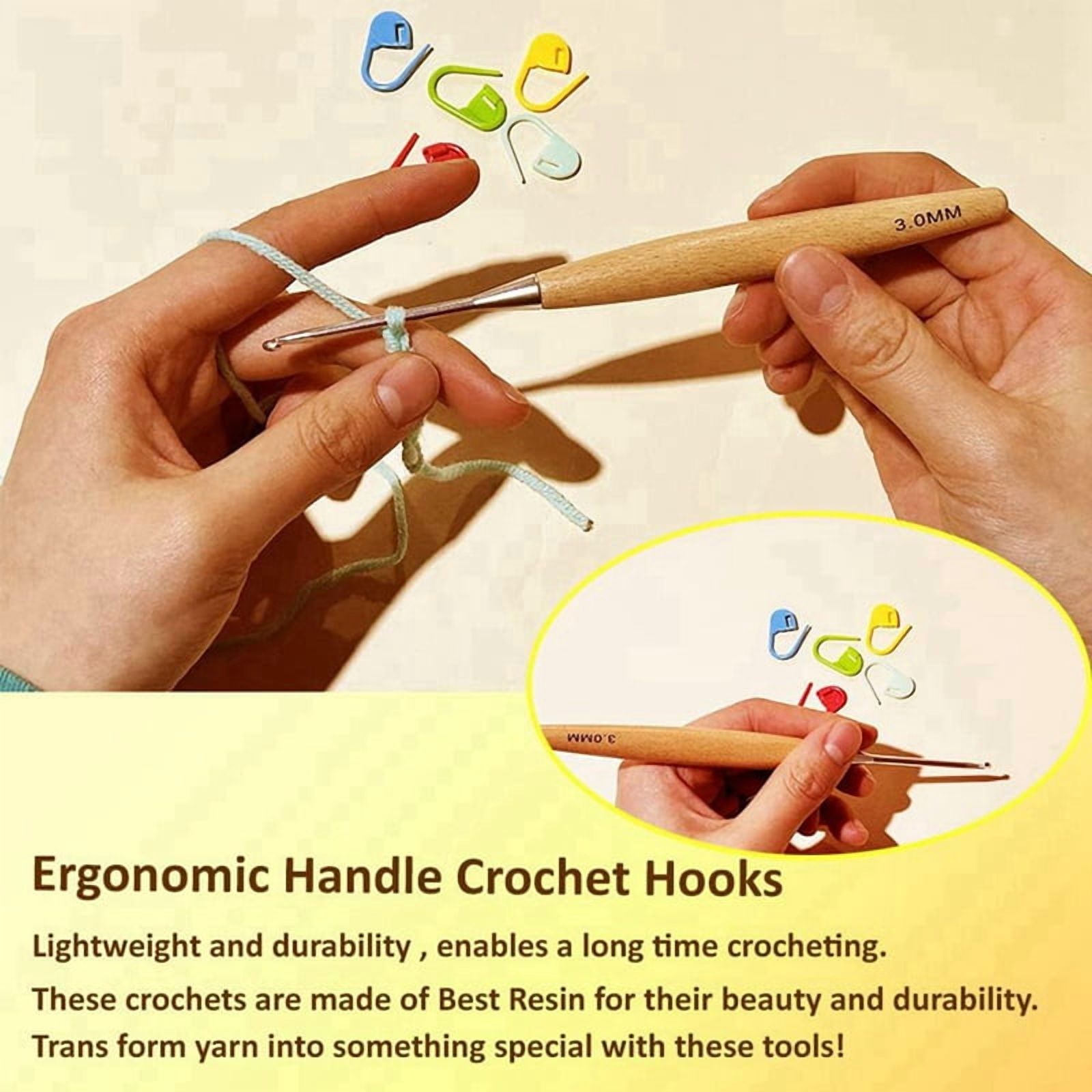 40Pcs Wood Crochet Hooks 3.0mm-6.5mm, Ergonomic Handle Crochet Hooks Set