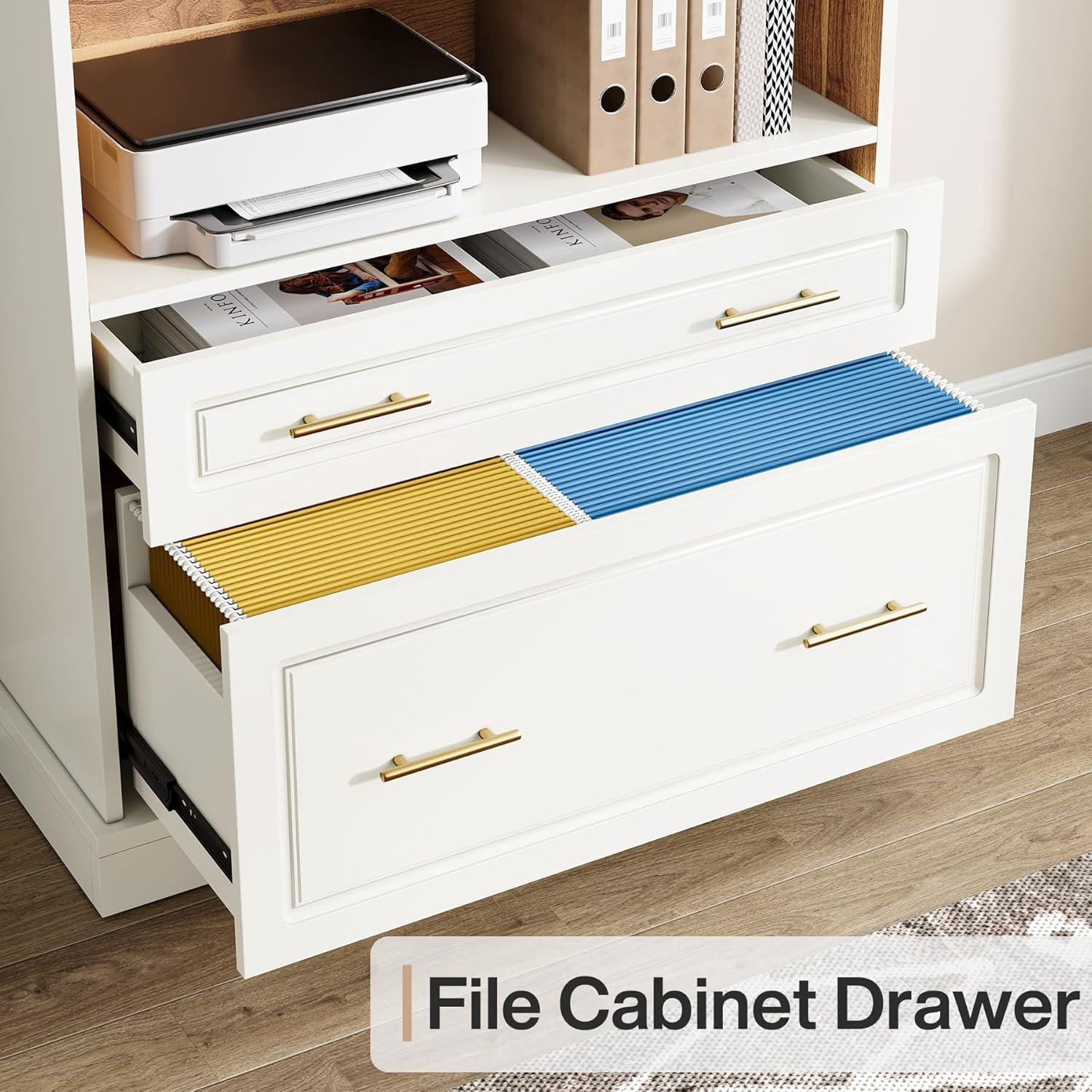 Tribesigns 5-Shelf Bookcase with File Cabinet Drawer, Modern Storage Shelf for Living Room, White