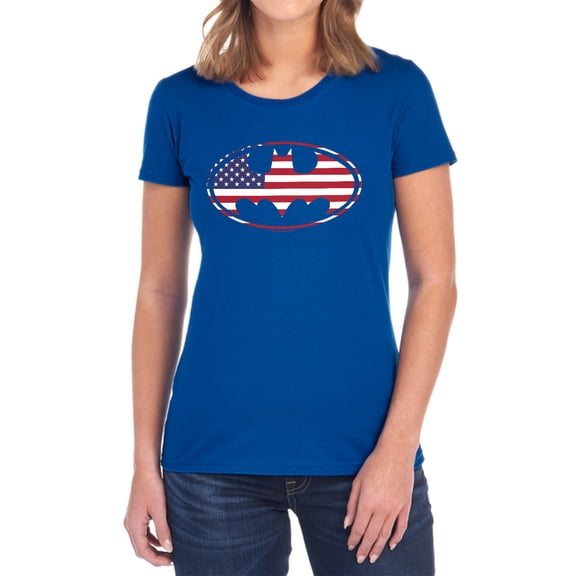 Batman American Flag Oval Women's T Shirt, Royal, Medium
