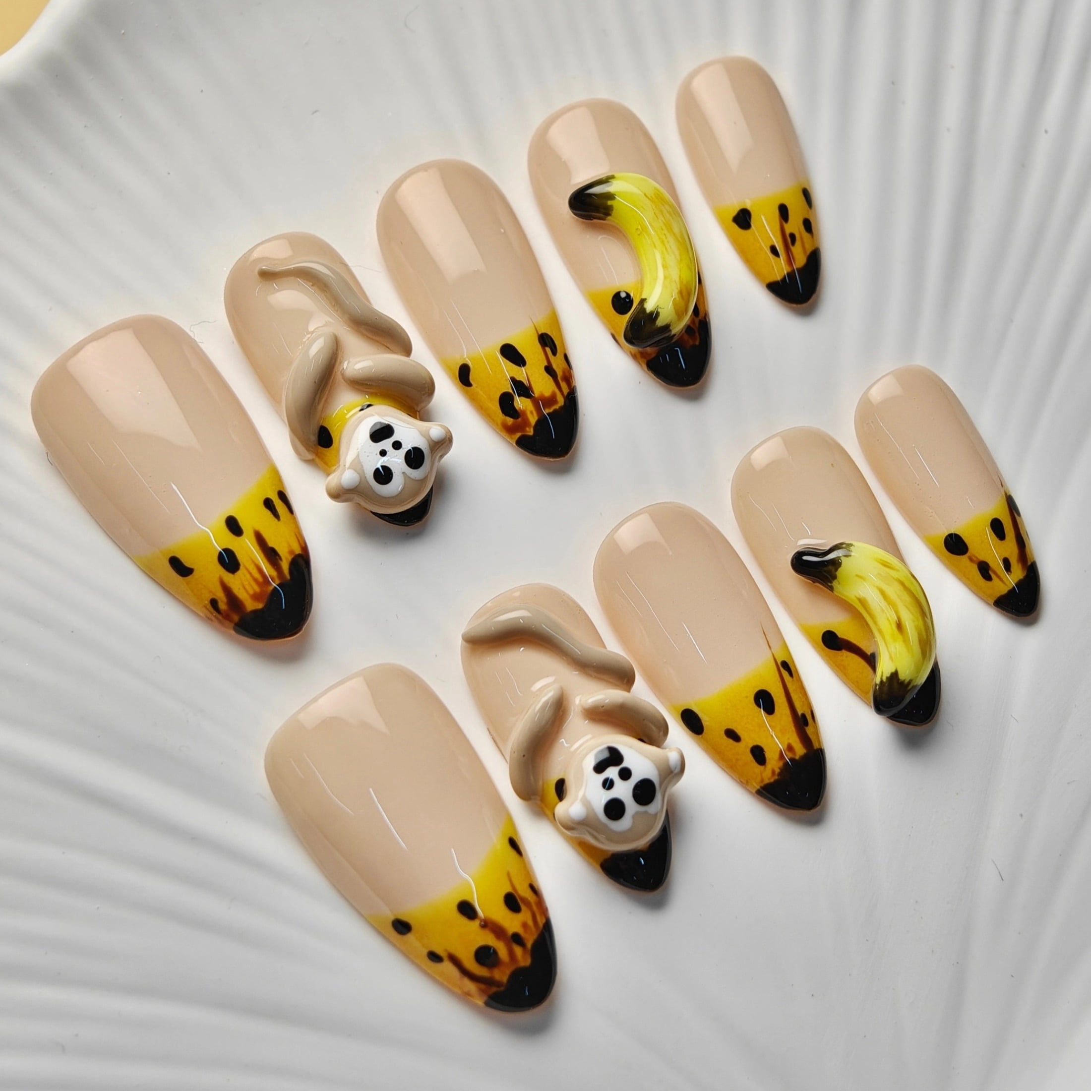 10pcs Almond Medium Handmade Y2K Cute Monkey Nails – Nude Base with Yellow Block & Black Spots, 3D Monkey & Banana Designs, Press On Nails Handmade for Women & Girls