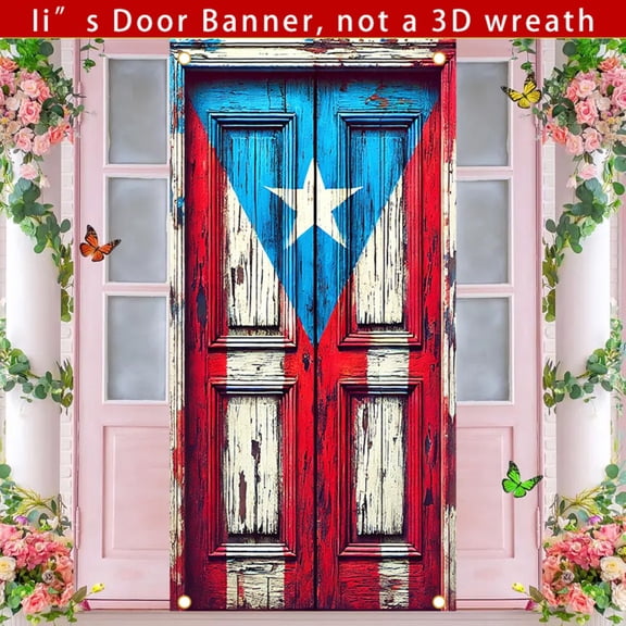 Puerto Rican door curtain banner, 71x35 inches in size, Puerto Rican flag with an aged wooden door pattern for the front door decoration, retro-style pattern for the porch decoration, suitable for ou