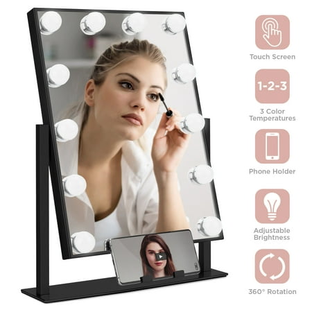 Best Choice Products Hollywood Vanity Make Up Table Top Mirror w/ LED Bulbs, Phone Mount, 3 Dimmable Light Settings -