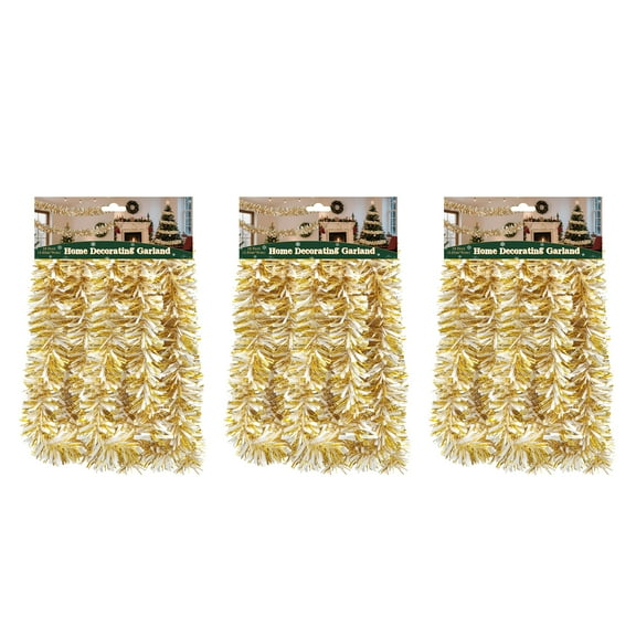 3PK 10FT Christmas Tinsel Garland Shiny Metallic Tinsel Twist Garland Streamers Ornaments Long Glitter Christmas Tree Hanging Decorations for Party Holiday Wedding Birthday,Gold White