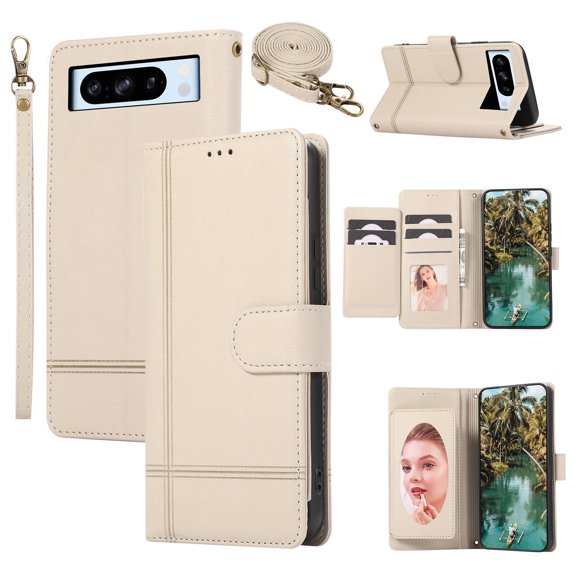 TECH CIRCLE Wallet Case For Google Pixel 6 Pro,Magnetic Flip Folio Stand Purse Case with Shoulder Wrist Strap Card Holder Cover Hidden Mirror Protective Cover for Google Pixel 6 Pro 6.7" 2021,Beige