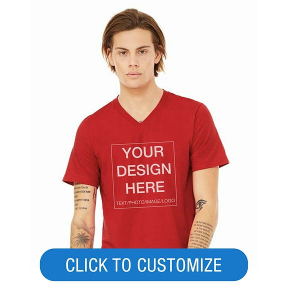 BELLA CANVAS Adult Short Sleeve V-Neck Personalized T-Shirt, Create your own Designs, Red, XL, Unisex