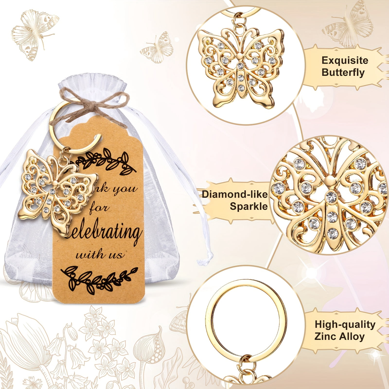 40 Set Butterfly Keychain Party Favor Bulk Butterfly Keyring Charm Accessories Souvenir Present Kraft Tag Organza Bag for Guest Baptism Bridal Baby Shower Wedding Mother Gift Supply (Gold)