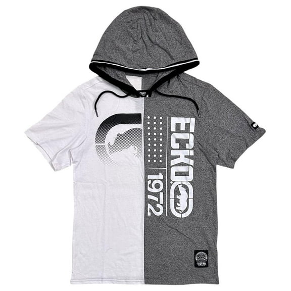 Ecko Unltd Men's Hoodie T-Shirt Panel Stitched Colorblock Short Sleeve Tee (Small, White/Grey Marled)