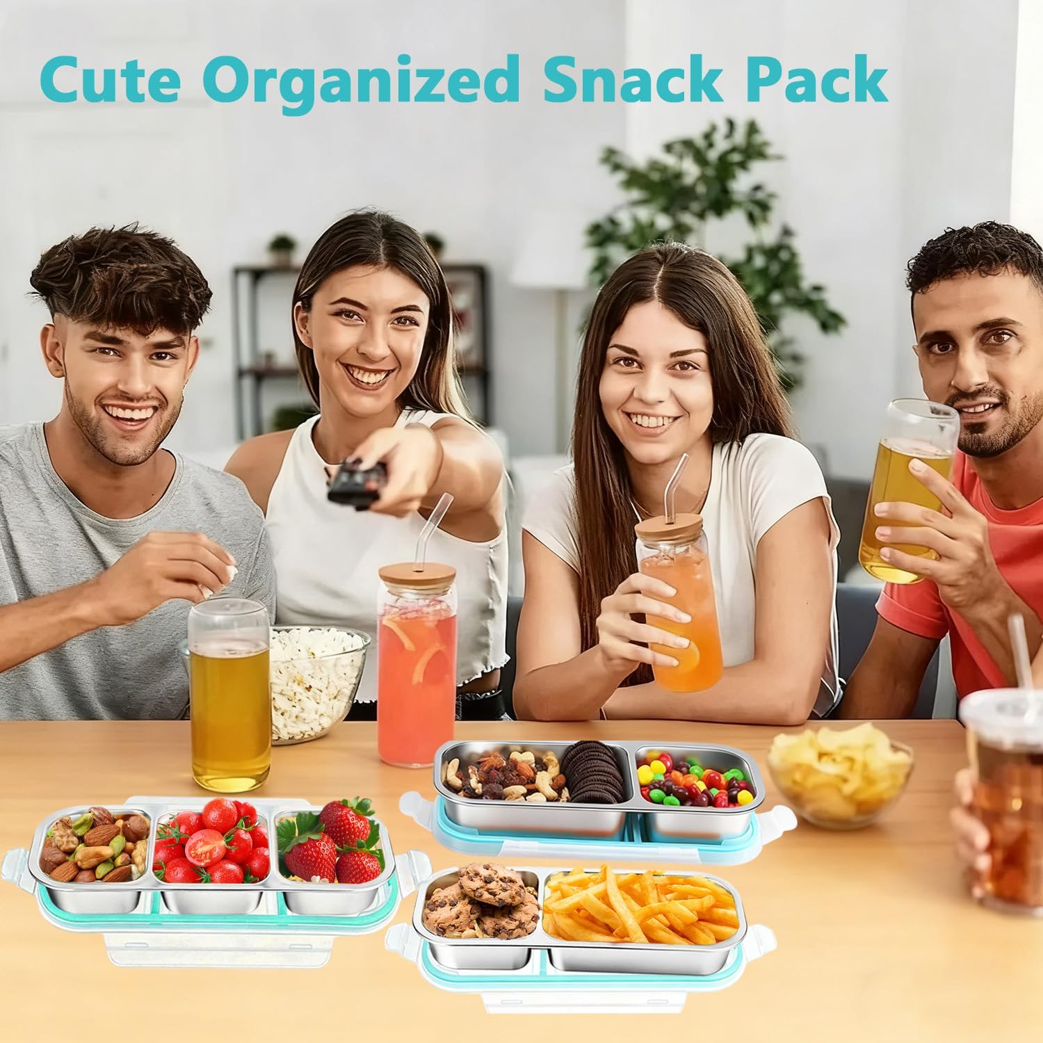 4Pack Food Storage Containers with Airtight Lid, Stainless Steel Snack Containers, Leak Proof Metal Lunchbox with Compartment and Spoon, Lunch Box Bento Box for Home ,Office, Travel, Meal Prep, Blue