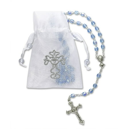 First Communion Glass - Girls First Holy Communion Rosary, Light Blue Glass Crystal Beads by Catholica Shop, 19 Inch