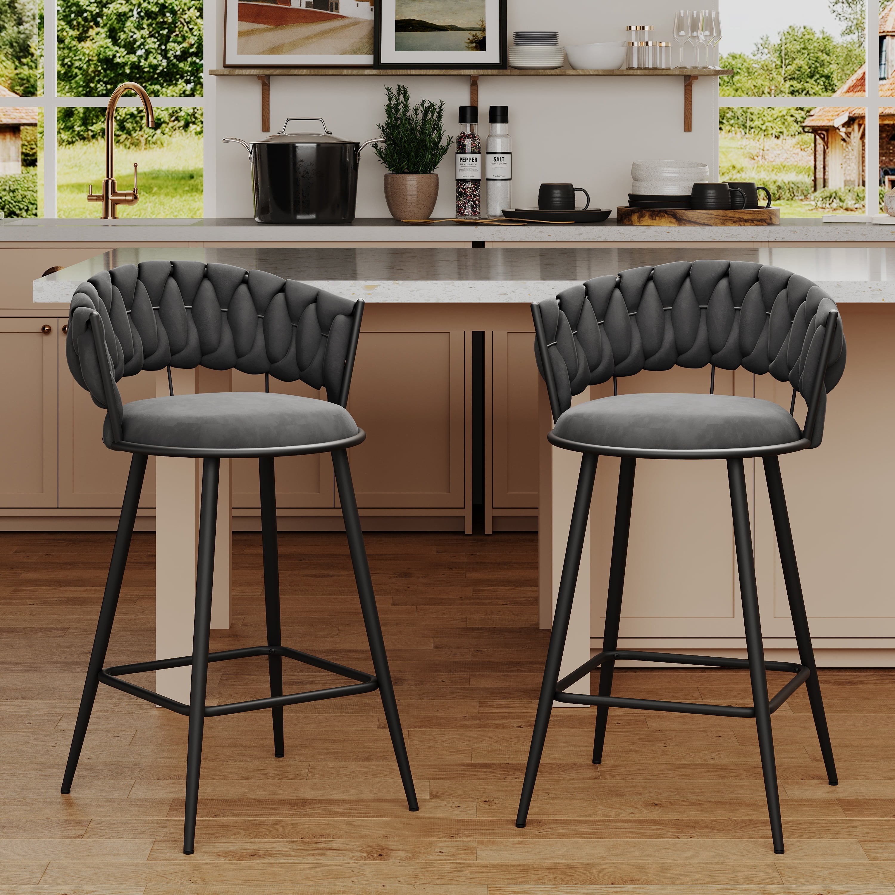 Andeworld 24'' Barstools set of 2, Modern Velvet Bar Stools with Woven Back, Counter Height Barstools with Upholstered Seating, Square Footrest, Grey