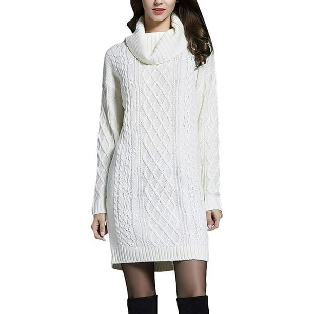 Vestido de suéter, vestido de punto para mujer, cuello alto, manga larga, vestido de suéter elástico, suéter de punto largo, minivestido elegante para invierno (L)
