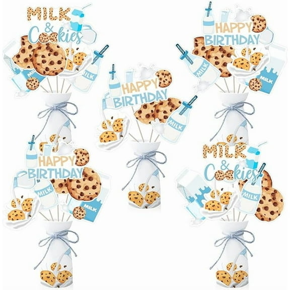 Milk and Cookie Birthday Party Decoration, 24pcs Milk and Cookie Happy Birthday Centerpiece Stick Biscuit Table Decoration for Biscuit Drink Dessert Breakfast 1st Birthday Party Decoration